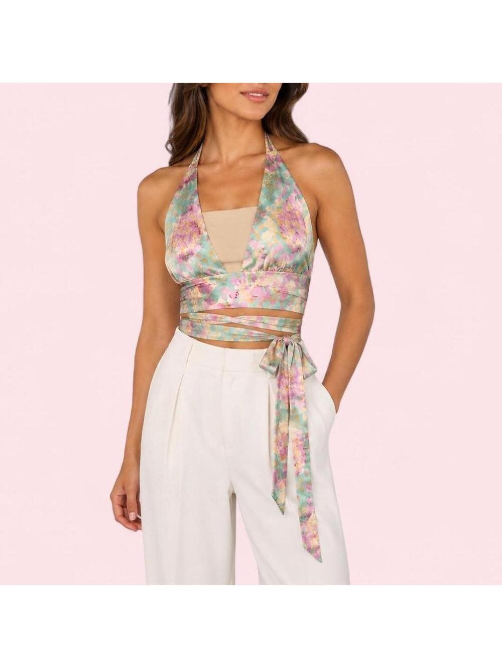 Double Crazy Pastel Floral Satin Halter Wrap Crop Top Size Small